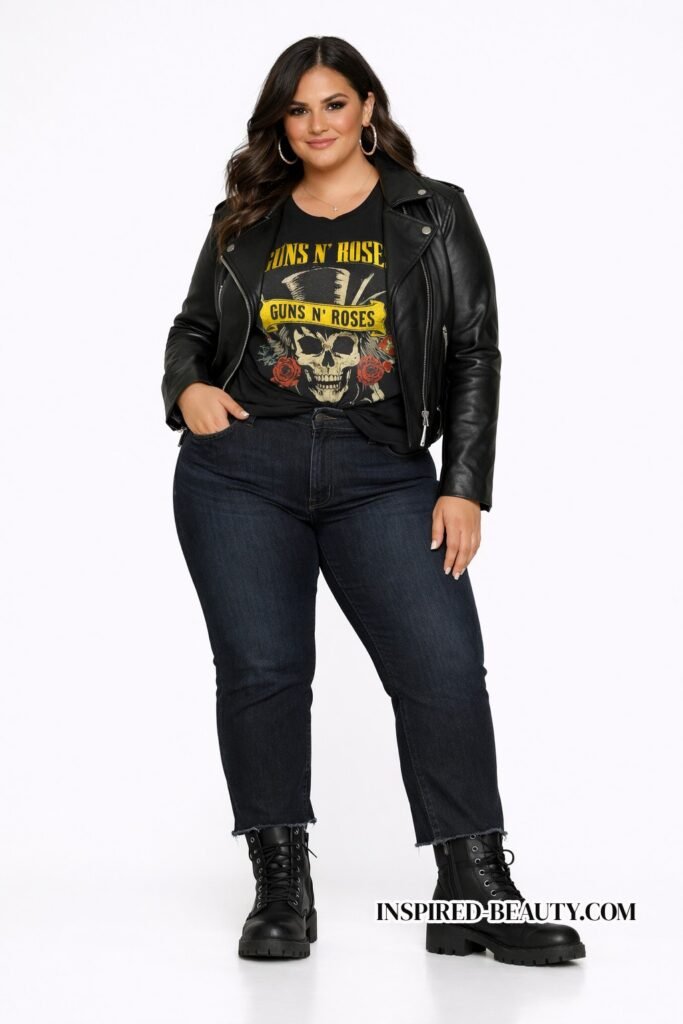 Dark Denim + Band Tee + Leather Jacket + Combat Boots
