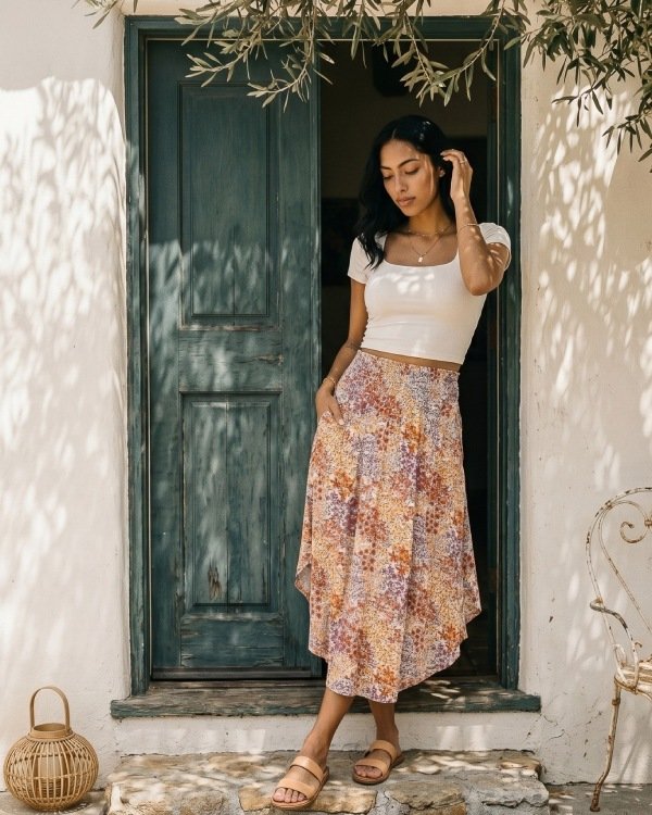Woman wearing a flowy midi skirt and crop top for a feminine Hawaii sunset outfit.