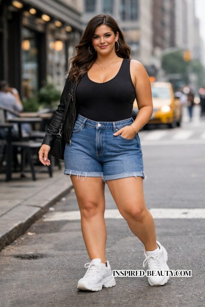 High-Waisted Shorts with Bodysuit and Chunky Sneakers
