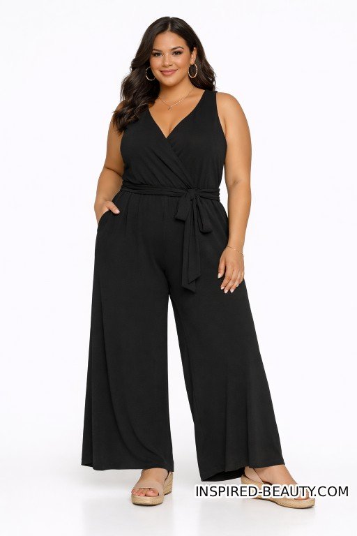 Jumpsuit (Wide-Leg) with Low Wedges and Hoop Earrings