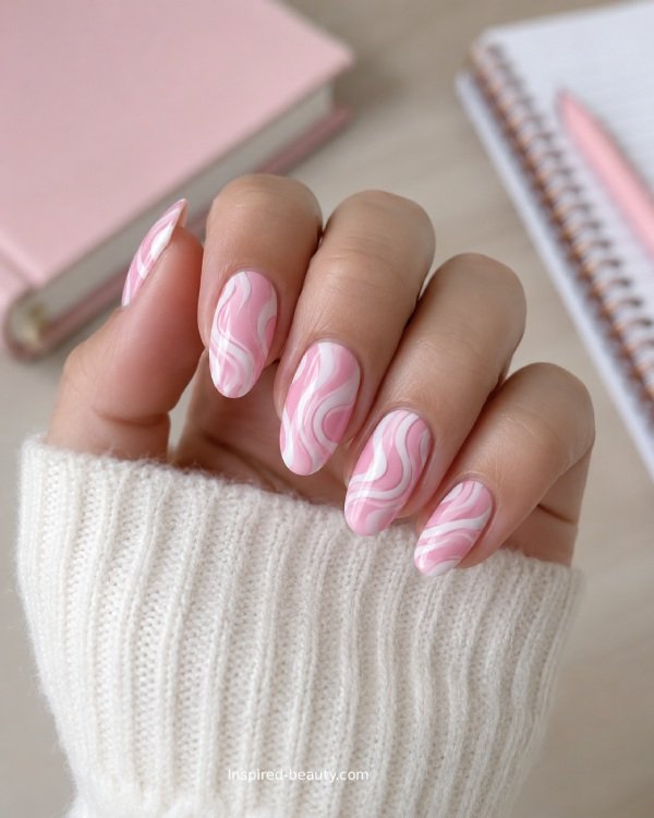 Pink and White Swirl Nails
