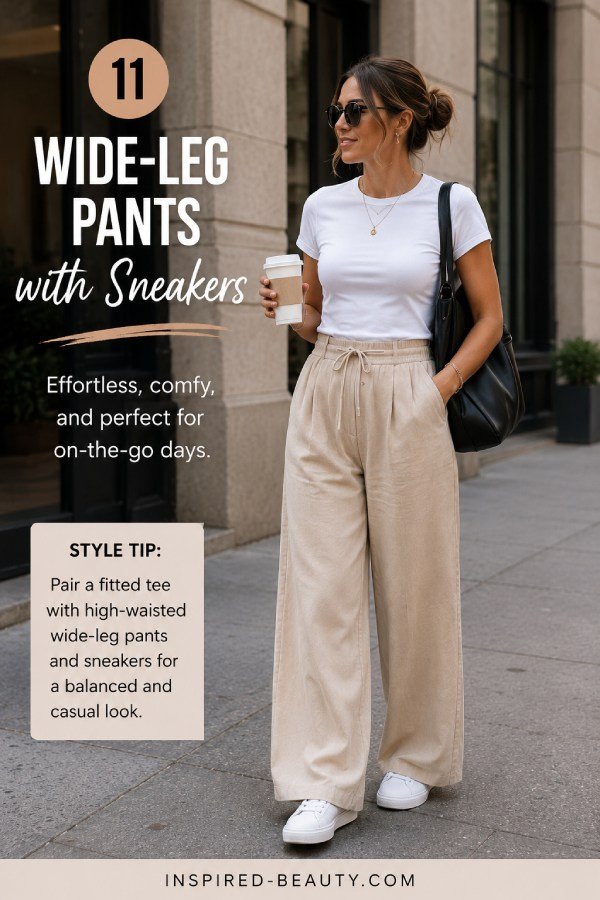 Woman wearing beige wide-leg pants with a fitted white T-shirt, white sneakers, sunglasses, and a tote bag for a comfortable on-the-go outfit.
