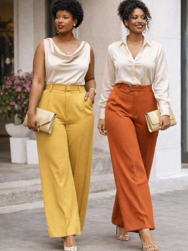 two woman wearing yellow and orange wide-leg pants with a champagne satin blouse, heels, and a clutch for an elegant dinner or date night outfit.