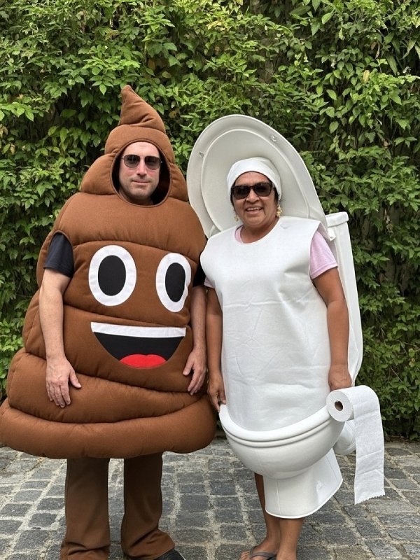 Couple dress in poop emoji costume and tiolet bowl