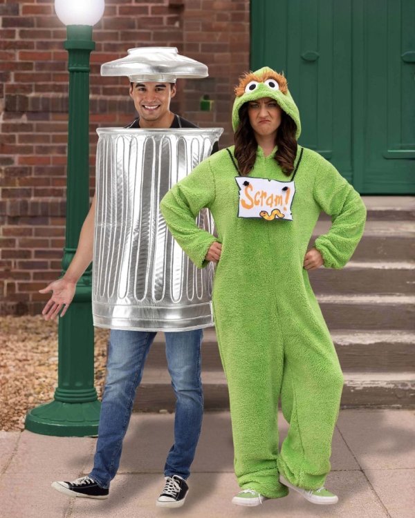 Funny halloween costume of couple dress as Oscar and Trash can