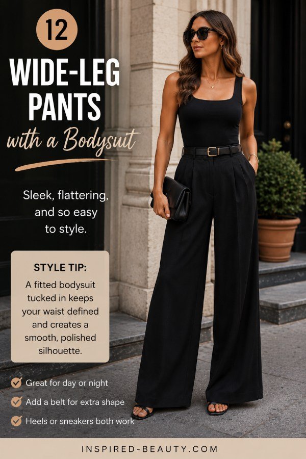 Woman wearing black wide-leg pants with a fitted black bodysuit, belt, sunglasses, sandals, and clutch for a sleek day-to-night outfit idea.
