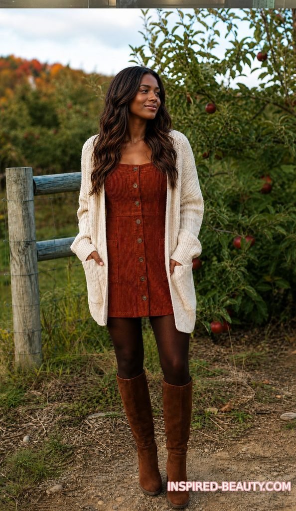90s Corduroy Mini with Fleece-Lined Nylons and Knee-High Boots