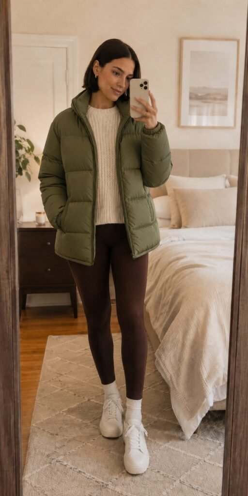 Woman taking selfie wearing Brown Leggings + Green Jacket