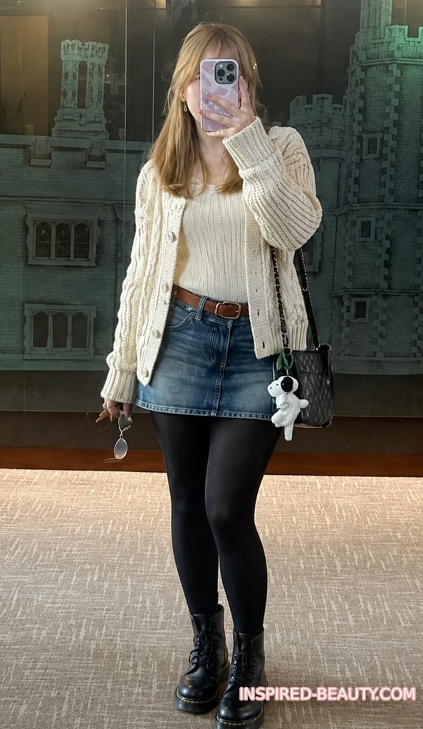 Denim Mini with Thermal Tights and Chunky Knit