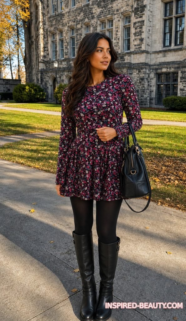 Floral Midi with Compression Leggings and Tall Boots