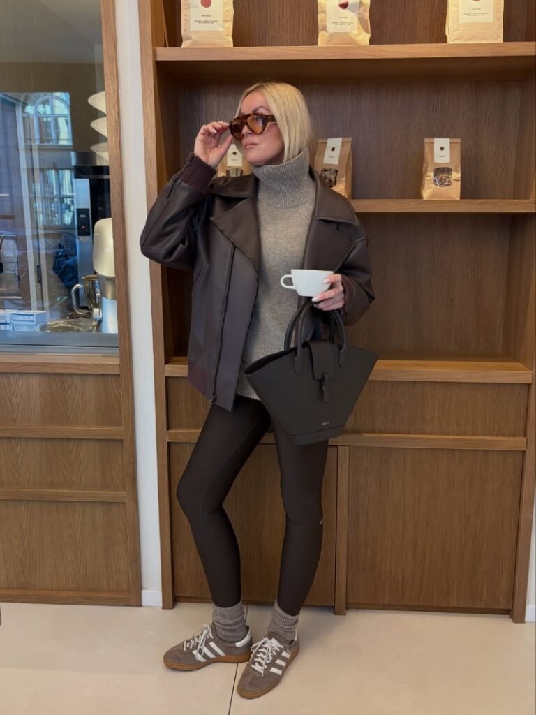 Brown Leggings With a Matching Brown Top and turtleneck blouse