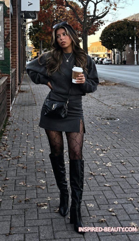 Knee-Length Skirt with Tall Boots and Tights