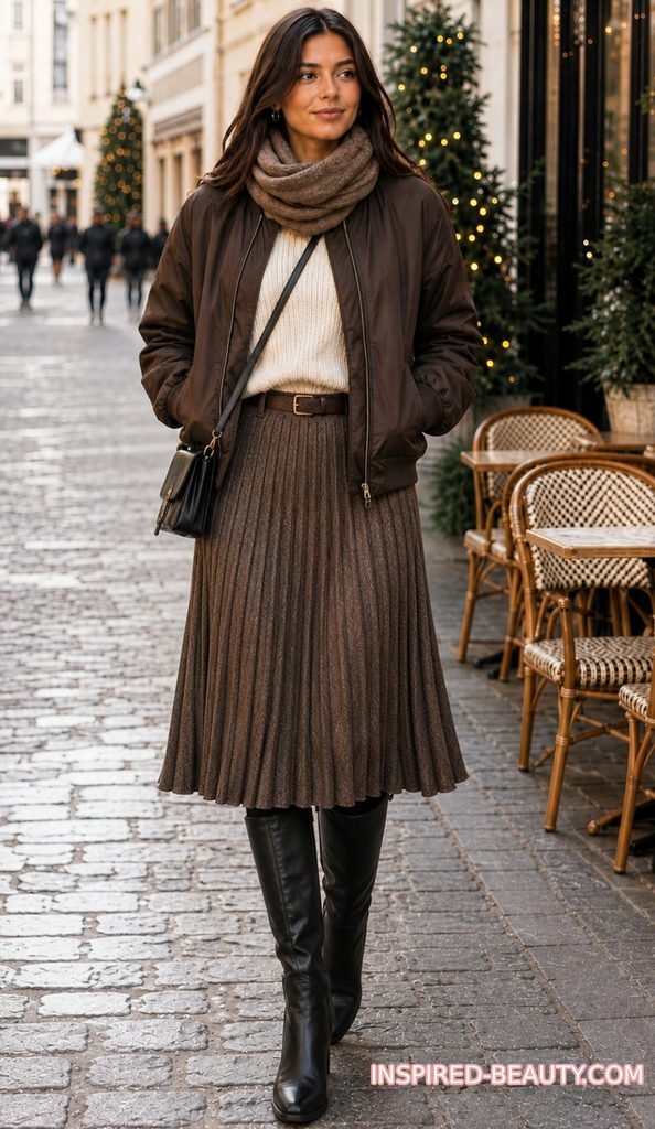 Pleated Midi with Thin Leggings and Knee-High Boots