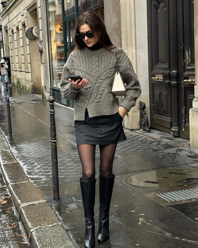 Pleated Mini with Opaque Tights and Knee-High Boots