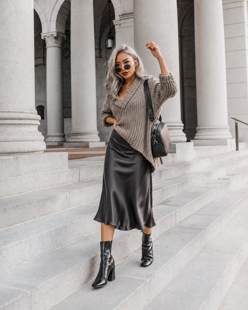 Satin Midi with Chunky Knit and Ankle Boots