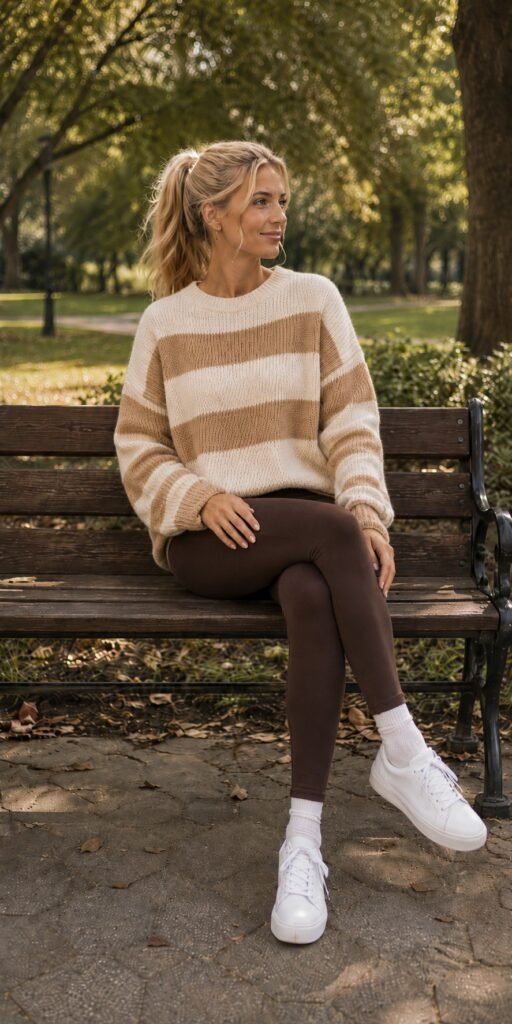 Woman in Brown Leggings + Striped Sweater