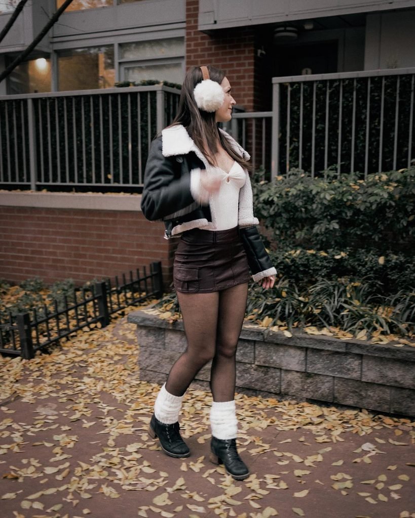 Brown Leather Skirt with Combat boots and Fur Jacket