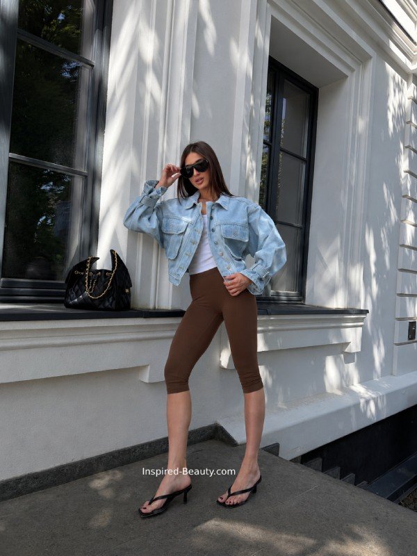 short brown leggins and denim jacket