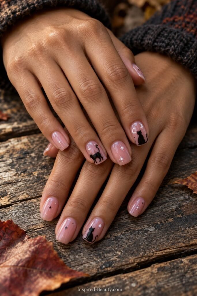 short pink halloween nials with black cat and stars