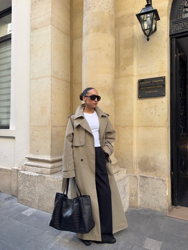Chic neutral trench coat outfit featuring beige and cream layers with tailored trousers and elegant shoes.