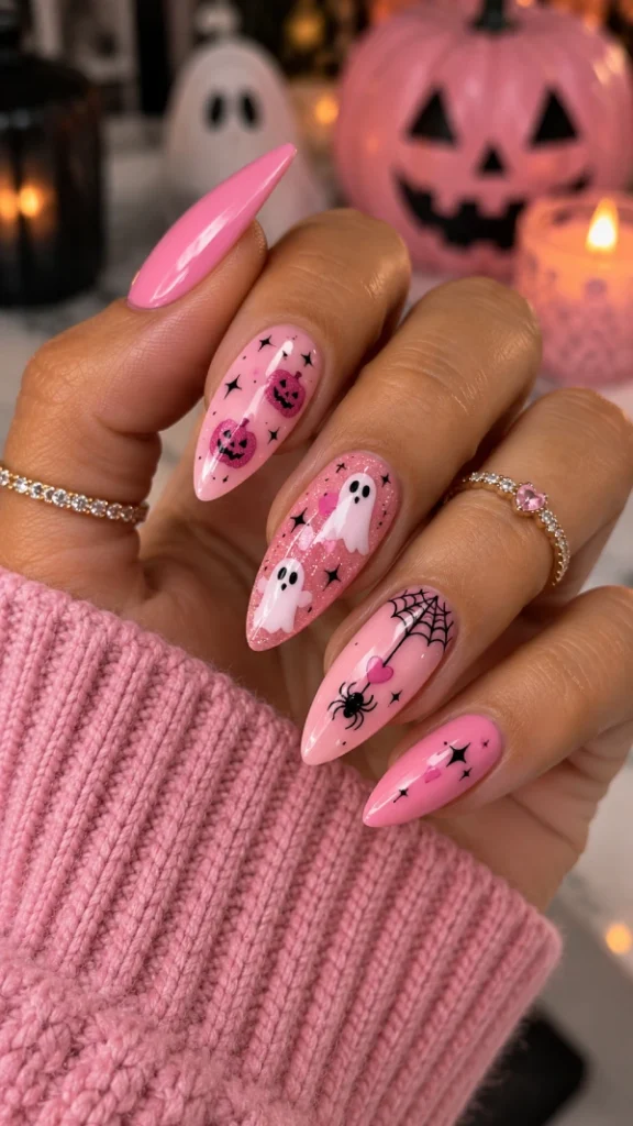 Pink Almond Halloween nail idea