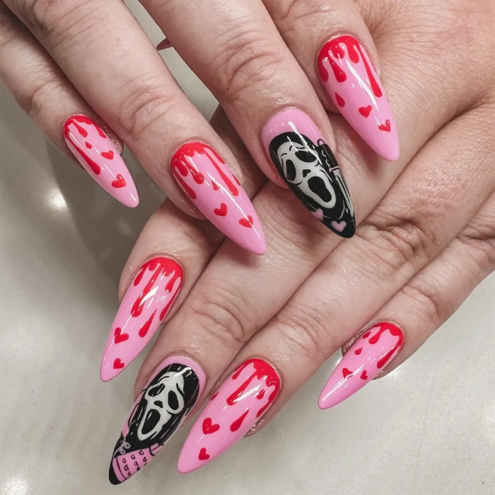 Pink Halloween nail with ghost face scream character