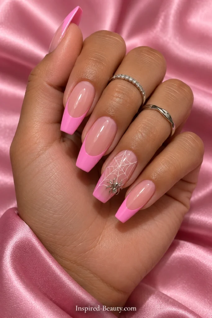 Pink french tip spider web halloween nail inspo