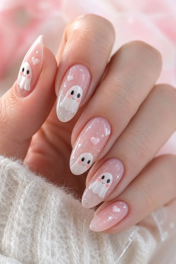 pastel ghost and heart Pink HAlloween Nail Designs