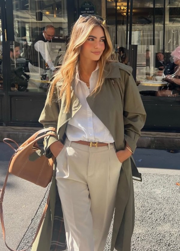 Smart casual trench coat outfit with a crisp white button-down shirt, straight-leg jeans and loafers.