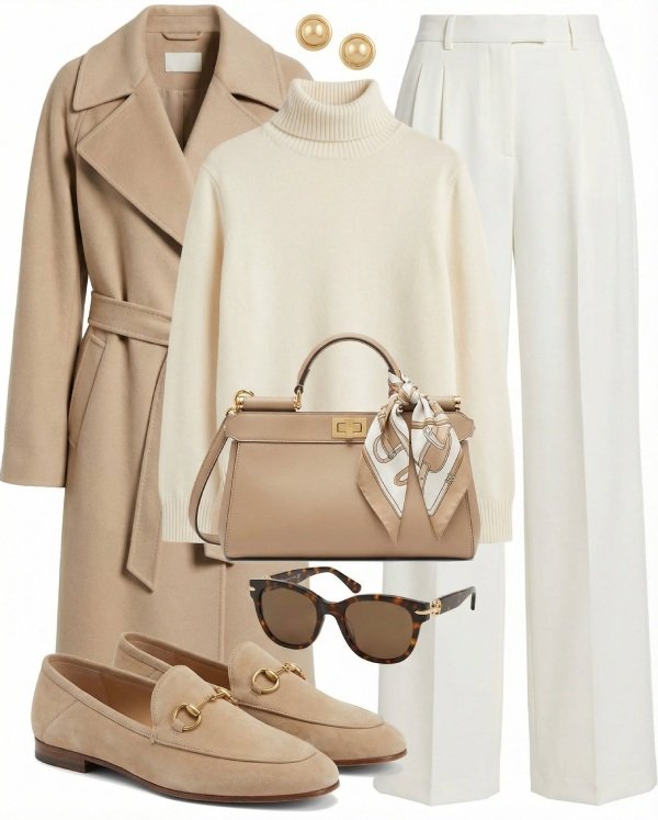 Polished trench coat outfit with a fitted turtleneck, tailored trousers and classic loafers for work or dinner.