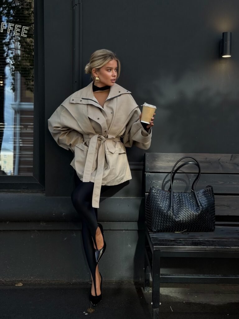Casual trench coat outfit with black leggings, a fitted top and comfortable white sneakers.