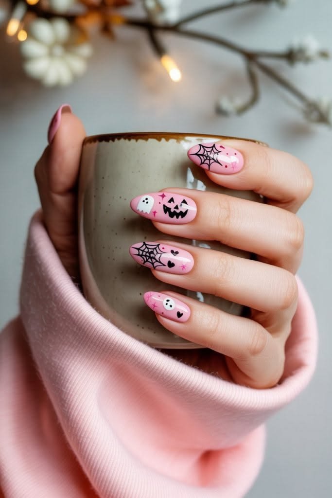 pink Halloween nail idea with web, ghost, jack o lantern