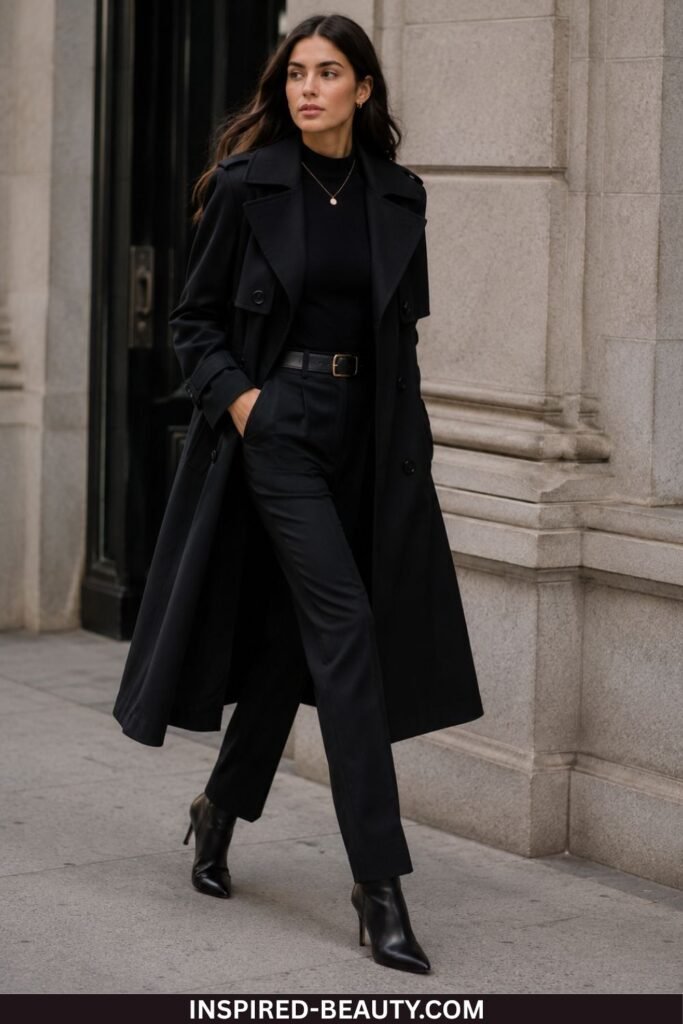 Chic woman styling a long black trench coat with black trousers, fitted top and sleek ankle boots.