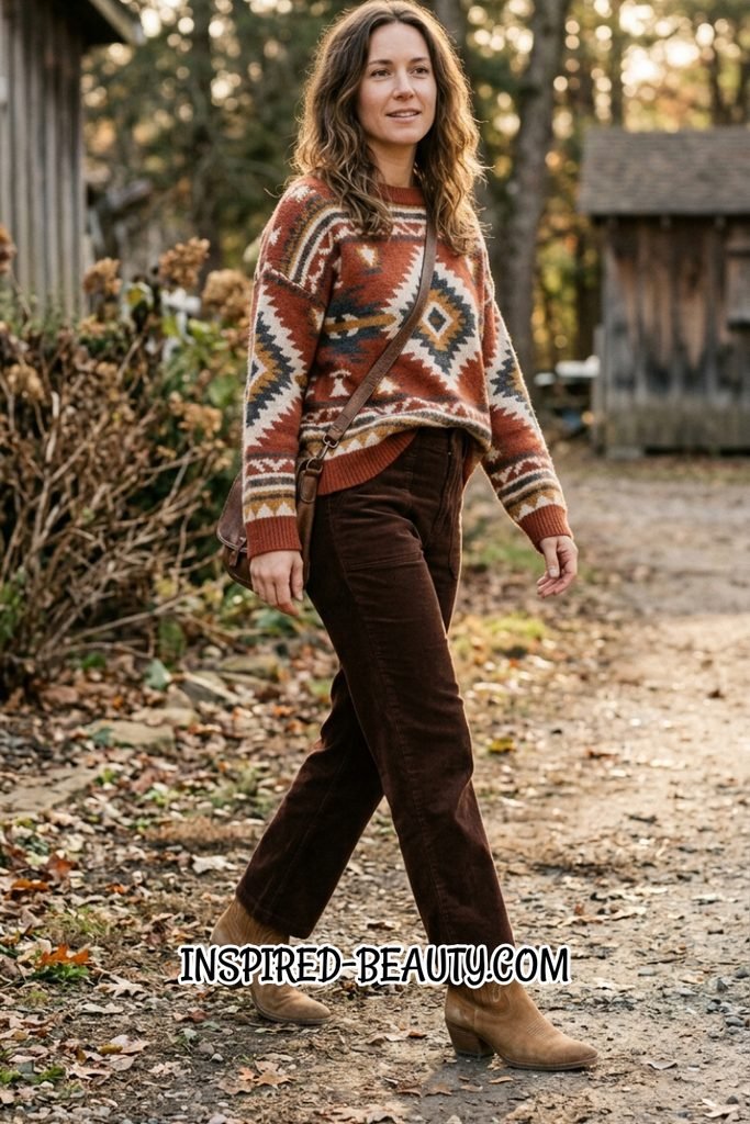 Aztec Print Sweater with Corduroy Pants and Western Ankle Boots - Winter Western Outfits