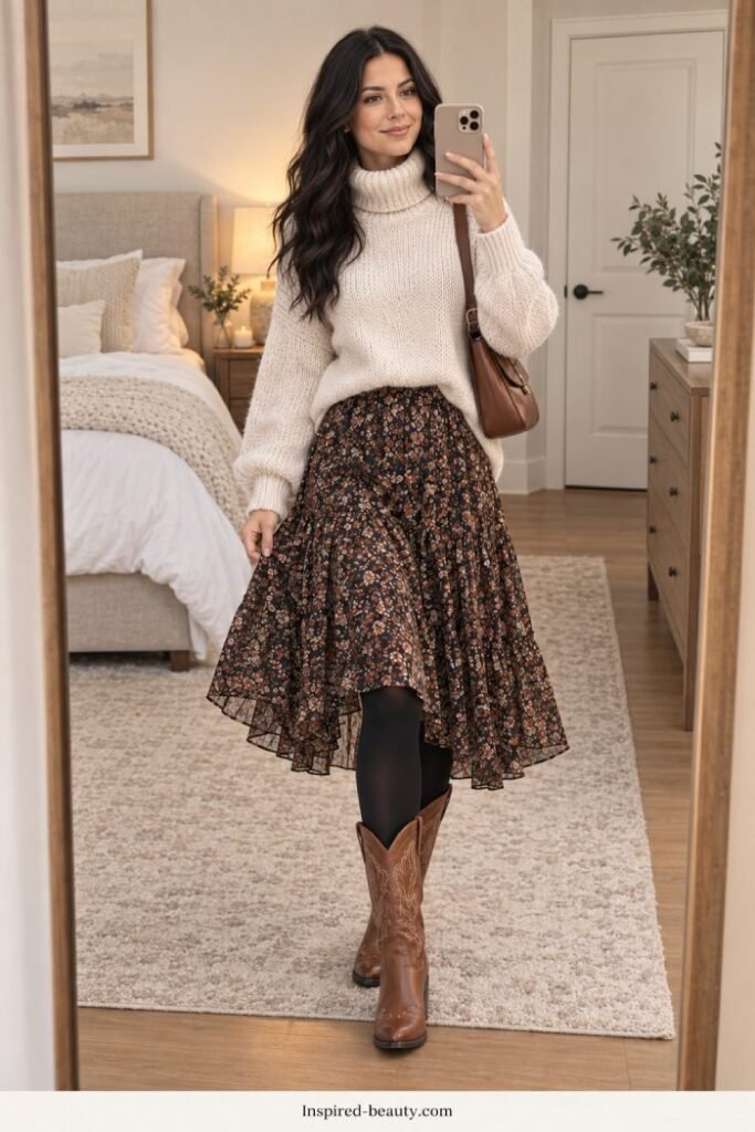 Woman pairing a chunky cream sweater and floral midi skirt with black tights and brown cowboy boots.