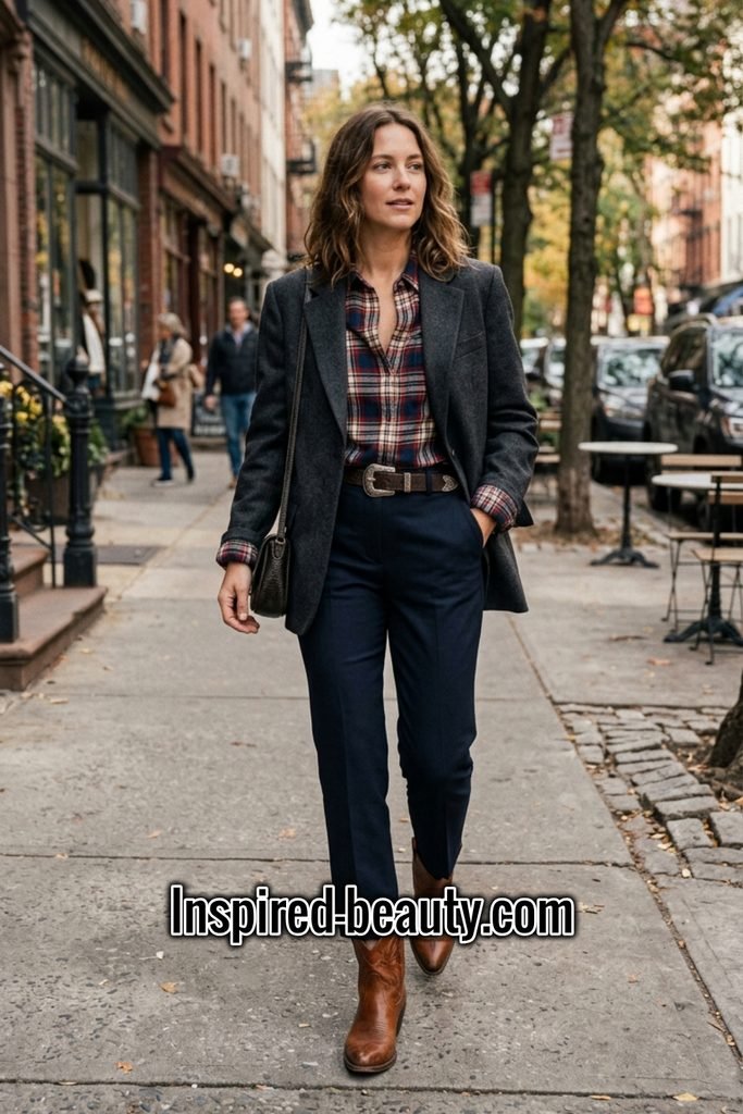 Blazer with Flannel Shirt, Tailored Trousers and Western Ankle Boots - Winter Western Outfits
