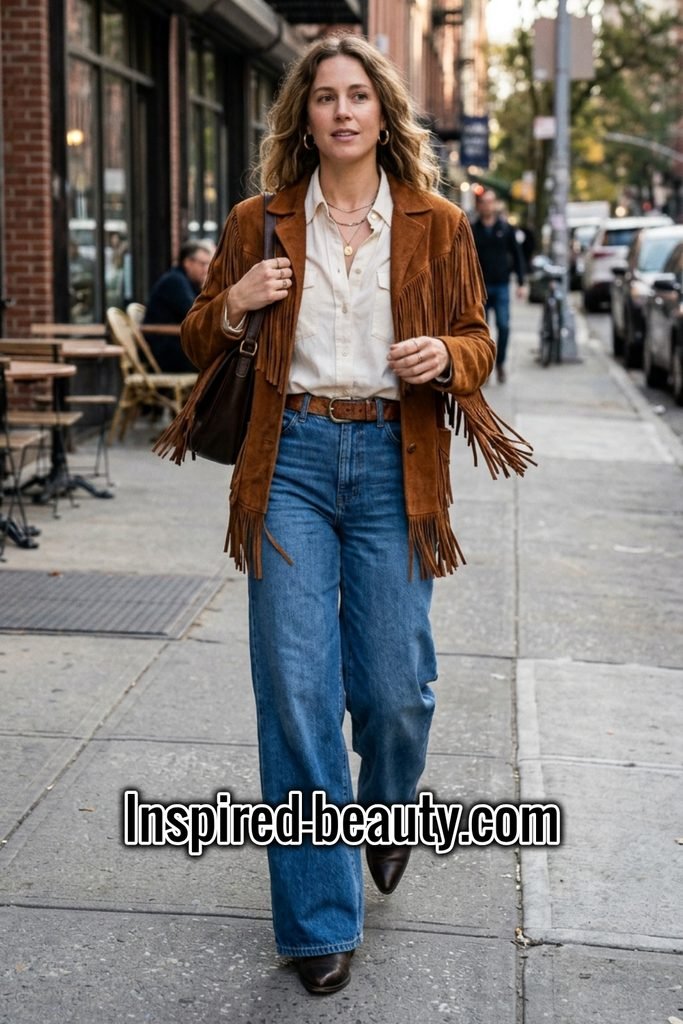Button-Down with Wide-Leg Jeans, Fringe Jacket and Boots - Winter Western Outfits