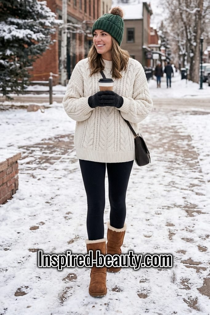 Chunky Cable Knit with Fleece-Lined Leggings, Shearling Boots and Beanie - Winter Western Outfits