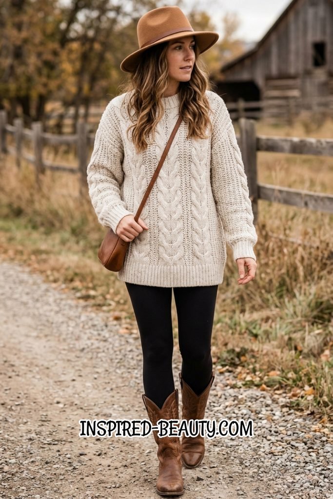 Chunky Cable Knit with Leggings, Cowboy Boots and Wide-Brim Hat - Winter Western Outfits