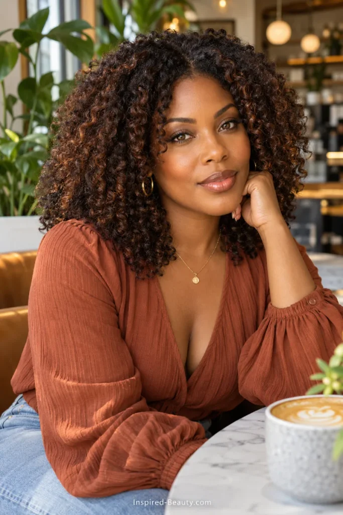 Black woman with shoulder-length natural curls in dark copper brunette, seated in a café.