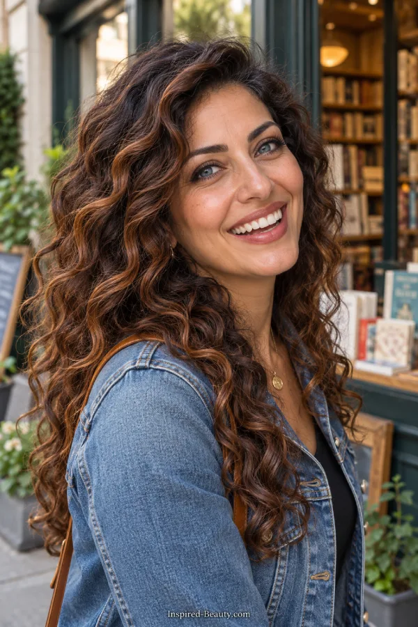 Woman with long curly brunette hair and fine copper highlights outside a bookstore.