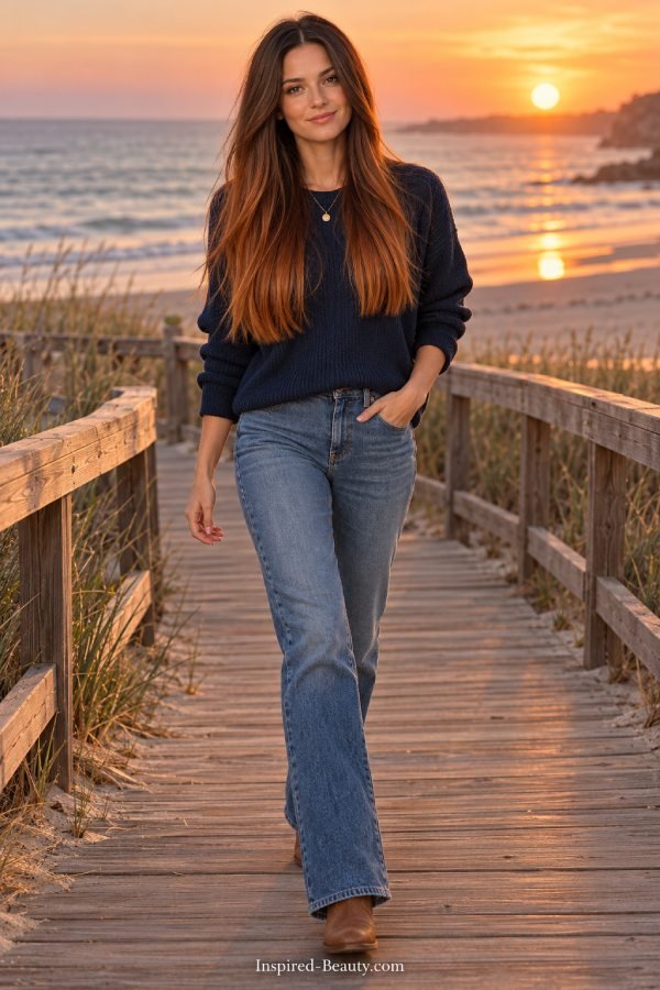 Woman with long straight hair fading from brunette roots to copper ends on a beach boardwalk.