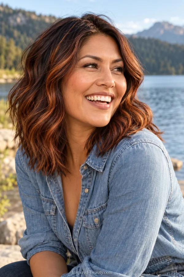 Woman with shoulder-length brunette waves and copper highlights beside a lake
