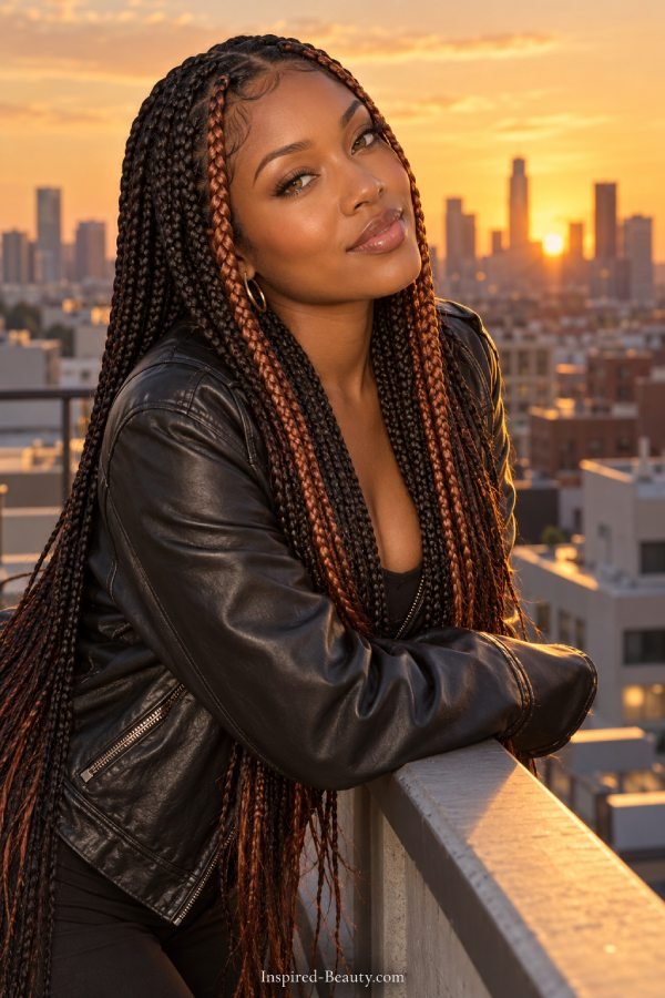 Black woman with long braids and copper face-framing pieces posing on a rooftop at sunset.