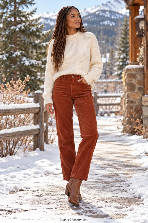 Woman wearing rust corduroy pants, a cream sweater, and brown cowboy boots in a snowy landscape.