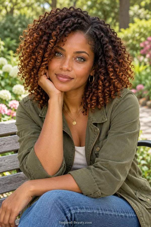 Woman with natural coily hair and copper color through the lengths, seated in a garden.