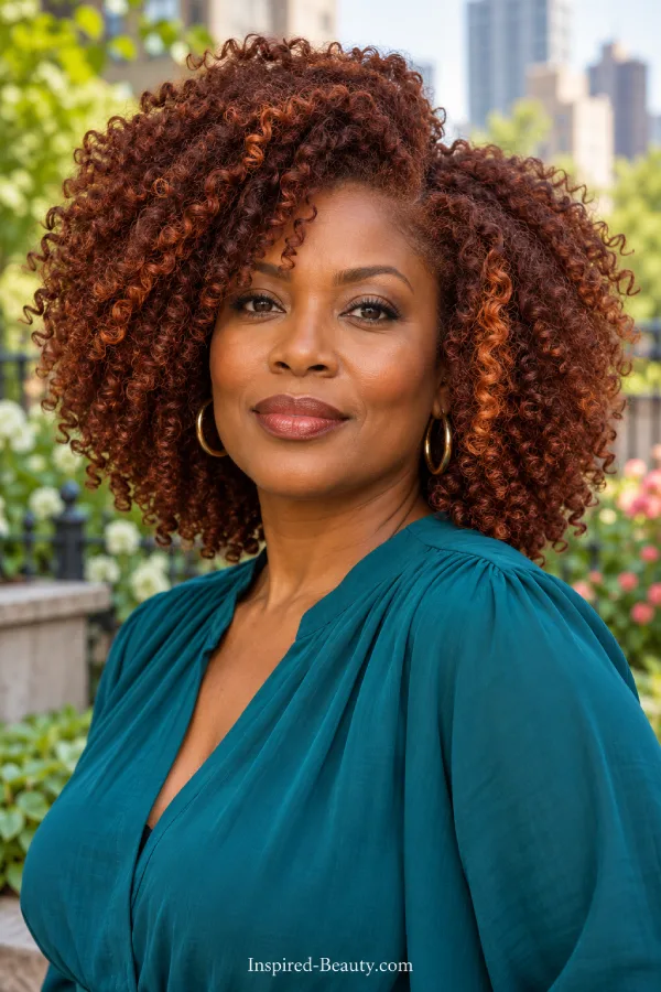 Black woman with voluminous coily hair in rich mahogany coppe