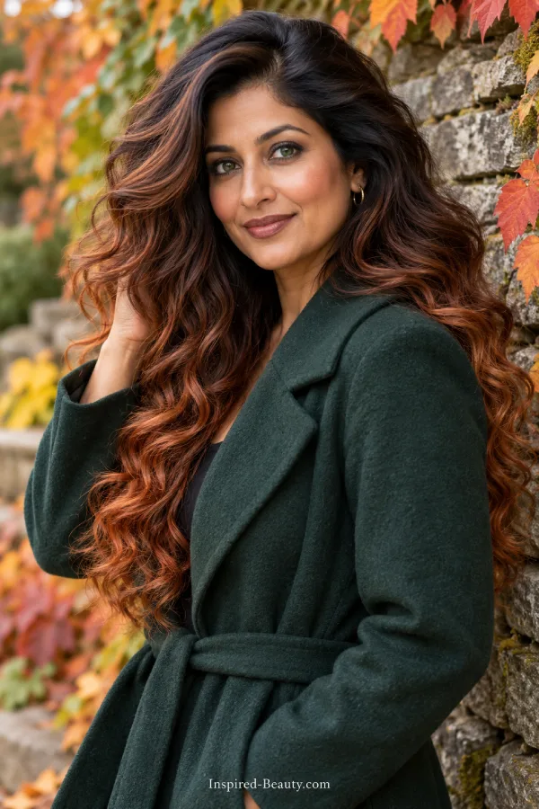 Woman with thick, long curls blending deep brunette and copper tones, posing by an autumn stone wall.