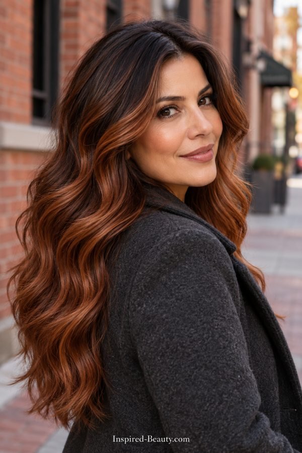 Woman with long waves and brunette-to-copper balayage on a city street.