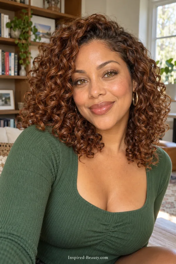Woman with defined natural curls in warm cowboy copper, photographed at home.
